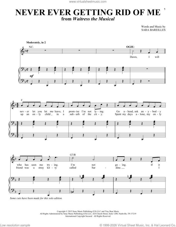 Never Ever Getting Rid Of Me (from Waitress The Musical) sheet music for voice and piano (Tenor) by Sara Bareilles, intermediate skill level
