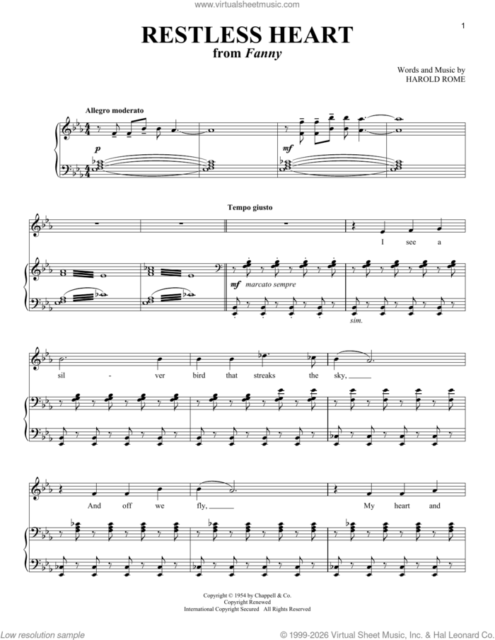 Restless Heart (from Fanny) sheet music for voice and piano (Tenor) by Harold Rome, intermediate skill level