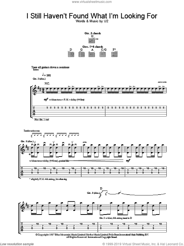 I Still Haven't Found What I'm Looking For sheet music for guitar (tablature) by U2 and Bono, intermediate skill level