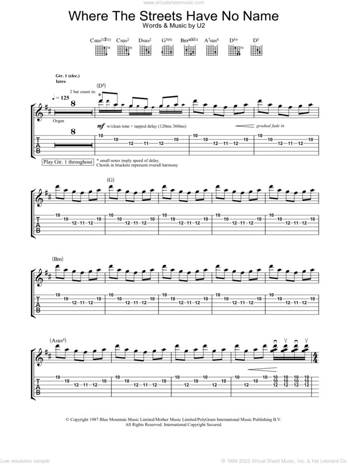 Where The Streets Have No Name sheet music for guitar (tablature) by U2, intermediate skill level