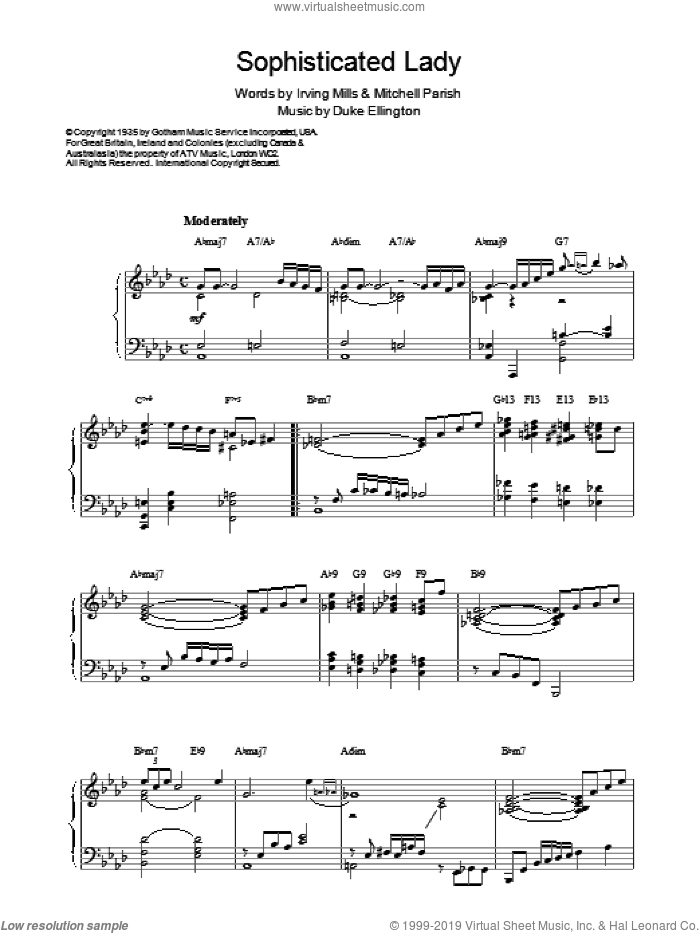 Sophisticated Lady sheet music for piano solo by Duke Ellington, intermediate skill level