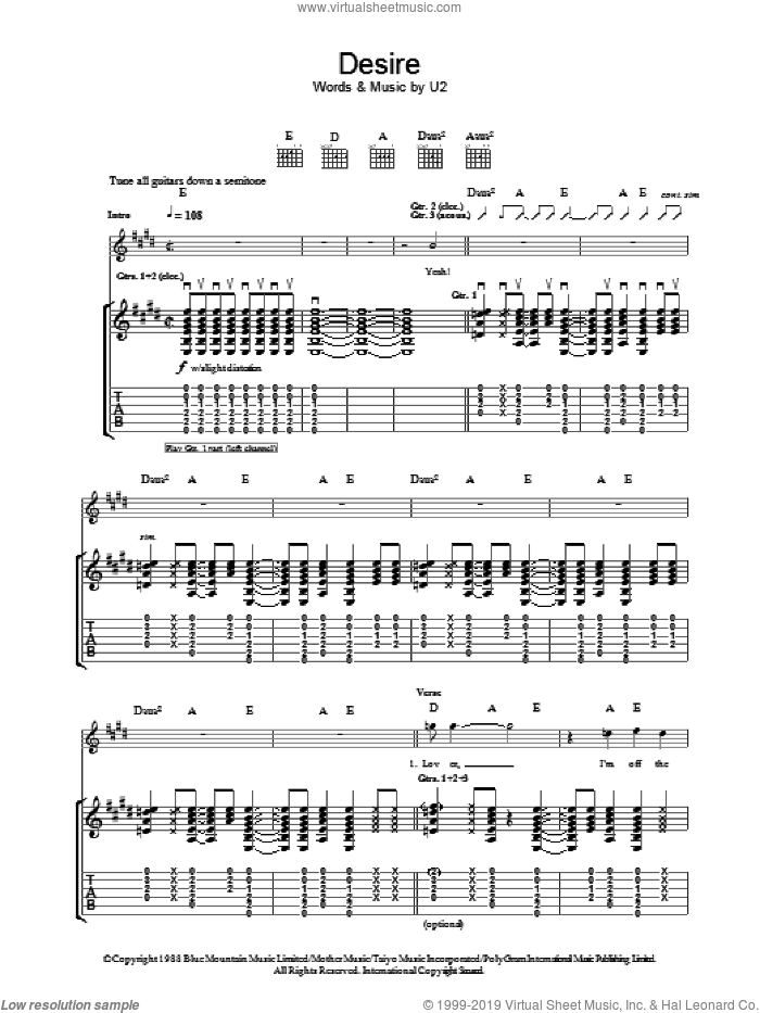 Desire sheet music for guitar (tablature) by U2 and Bono, intermediate skill level