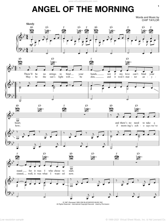 Angel Of The Morning sheet music for voice, piano or guitar by Juice Newton, Merrilee Rush, Merrilee Rush & The Turnabouts and Chip Taylor, intermediate skill level