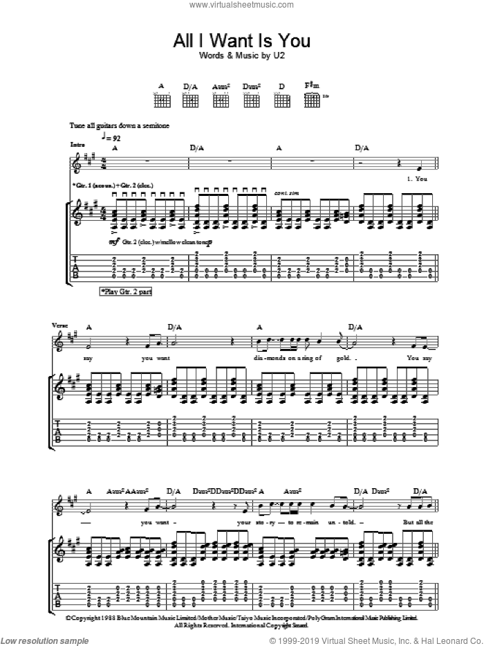 All I Want Is You sheet music for guitar (tablature) by U2 and Bono, intermediate skill level