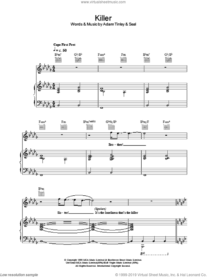 Killer sheet music for voice, piano or guitar by Manuel Seal and Adam Tinley, intermediate skill level