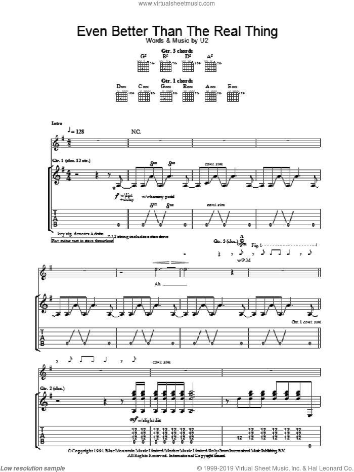 Even Better Than The Real Thing sheet music for guitar (tablature) by U2, intermediate skill level