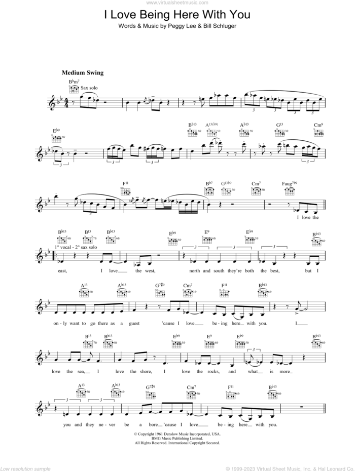 I Love Being Here With You sheet music for voice and other instruments (fake book) by Diana Krall, Bill Schluger and Peggy Lee, intermediate skill level