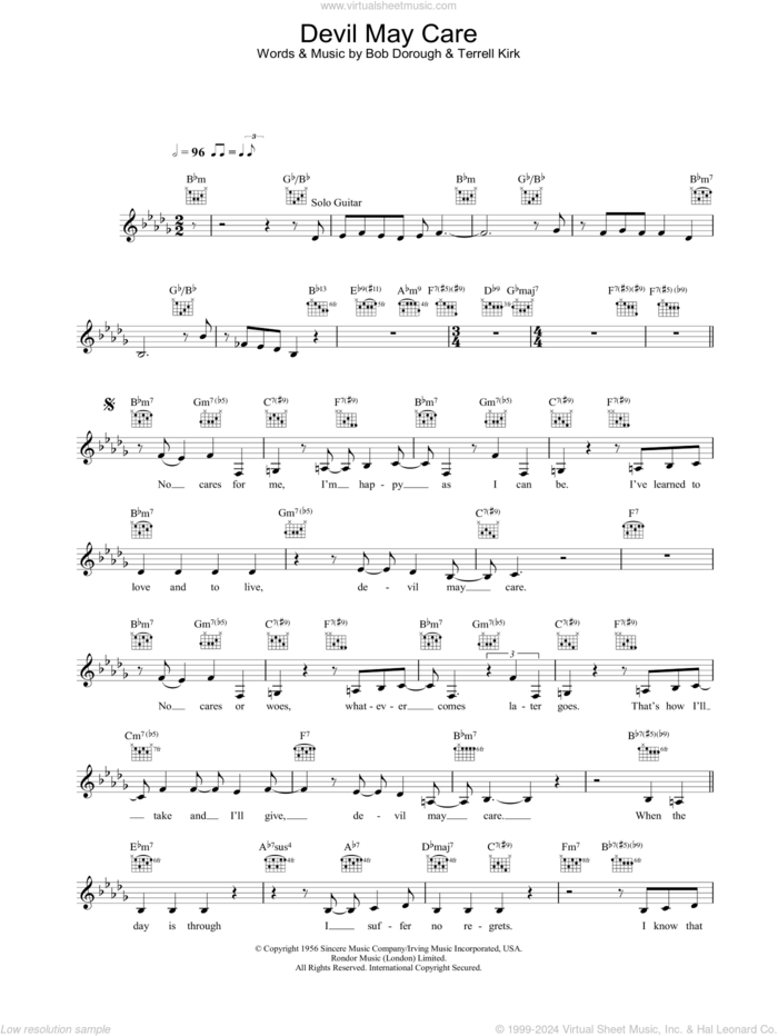 Devil May Care sheet music for voice and other instruments (fake book) by Diana Krall, Bob Dorough and Terrell P. Kirk, Jr., intermediate skill level