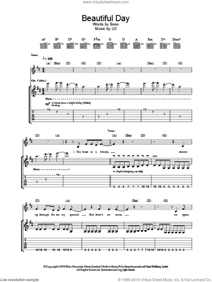 Beautiful Day sheet music for guitar (tablature) by U2 and Bono, intermediate skill level