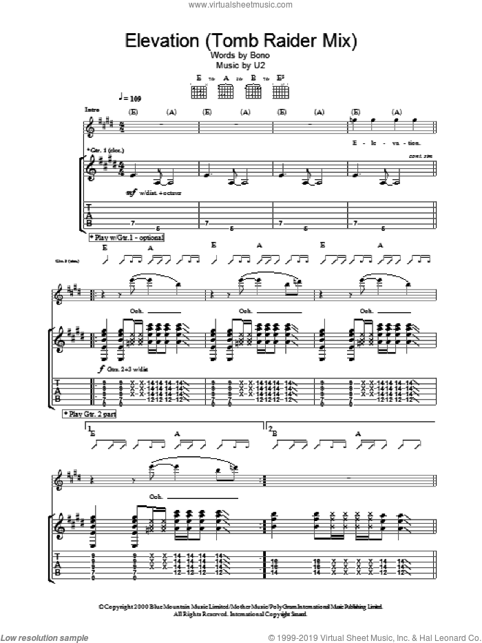 Elevation (Tomb Raider Mix) sheet music for guitar (tablature) by U2 and Bono, intermediate skill level