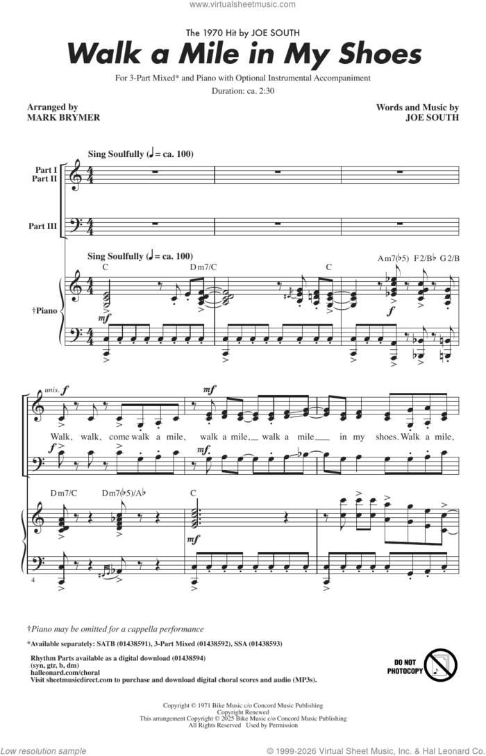 Walk A Mile In My Shoes (arr. Mark Brymer) sheet music for choir (3-Part Mixed) by Joe South and Mark Brymer, intermediate skill level