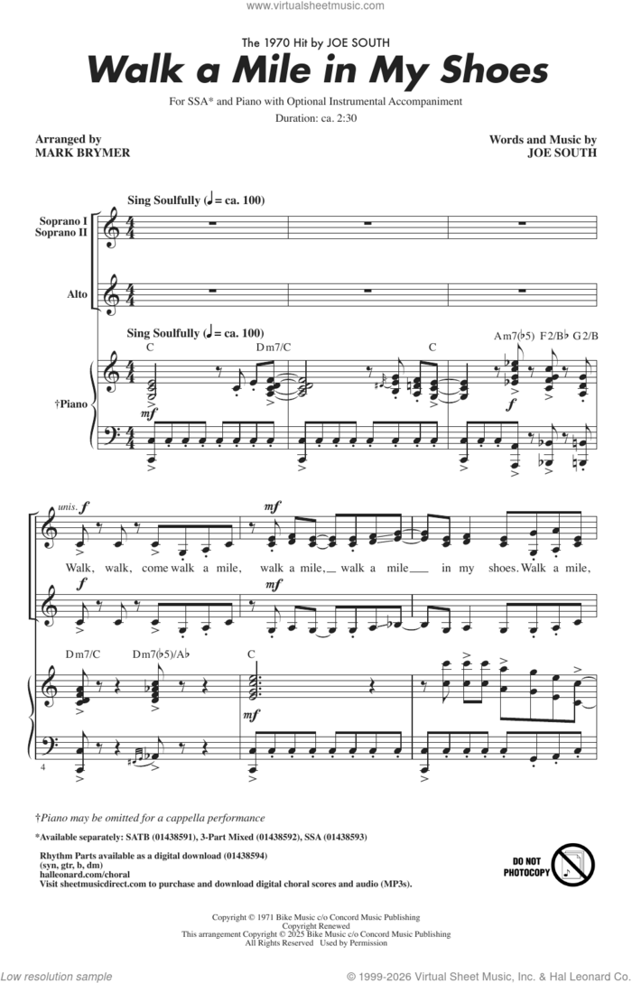 Walk A Mile In My Shoes (arr. Mark Brymer) sheet music for choir (SSA: soprano, alto) by Joe South and Mark Brymer, intermediate skill level