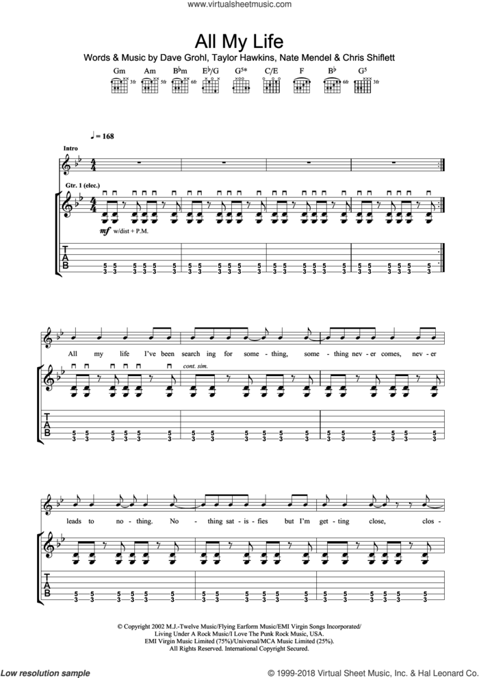 All My Life sheet music for guitar (tablature) by Foo Fighters, intermediate skill level