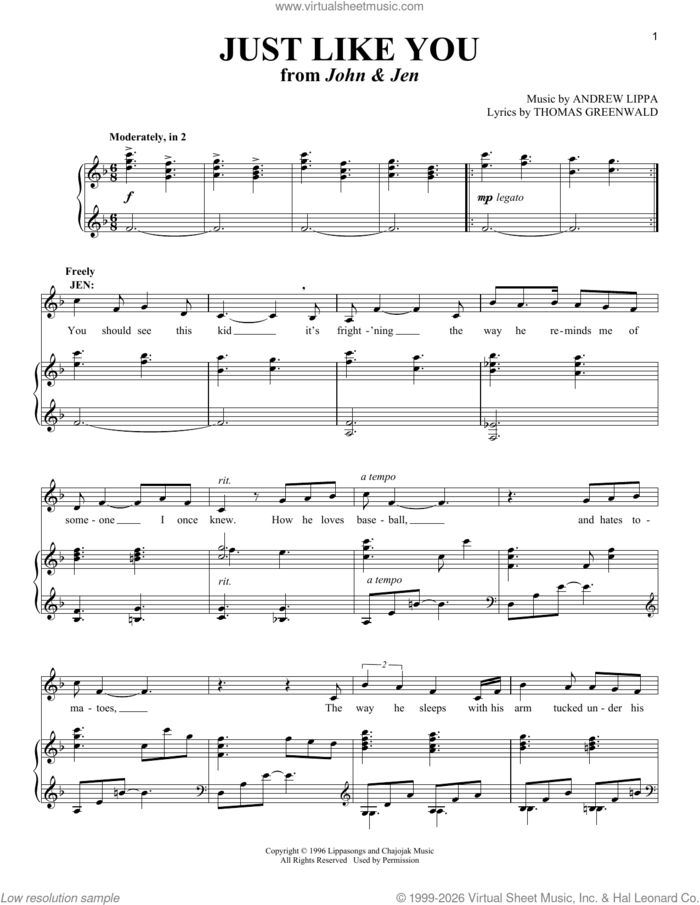 Just Like You (from John and Jen) sheet music for voice and piano (Soprano) by Thomas Greenwald, Andrew Lippa and Tom Greenwald, intermediate skill level