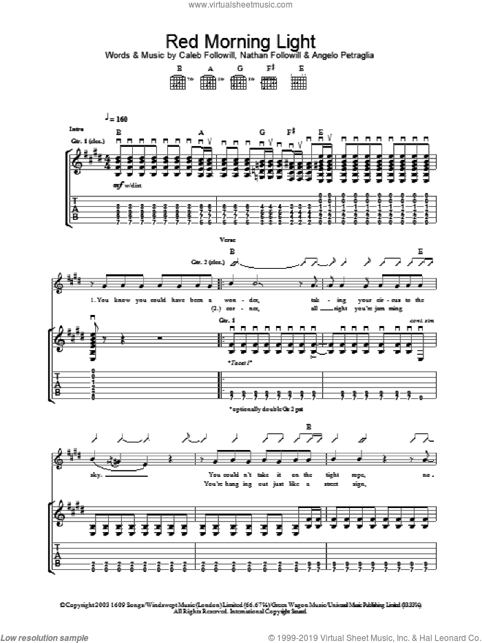 Red Morning Light sheet music for guitar (tablature) by Kings Of Leon, Angelo Petraglia, Caleb Followill and Nathan Followill, intermediate skill level
