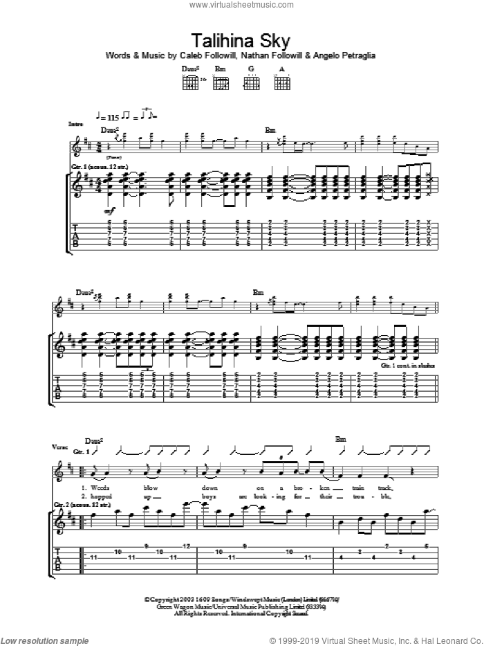 Talihina Sky sheet music for guitar (tablature) by Kings Of Leon, Angelo Petraglia, Caleb Followill and Nathan Followill, intermediate skill level