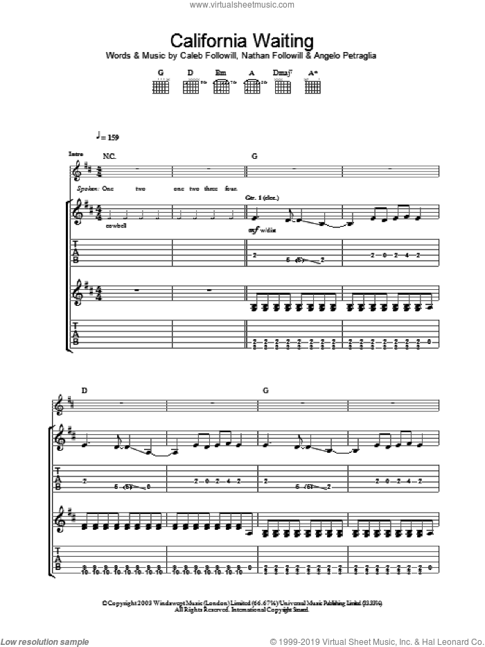 California Waiting sheet music for guitar (tablature) by Kings Of Leon, Angelo Petraglia, Caleb Followill and Nathan Followill, intermediate skill level