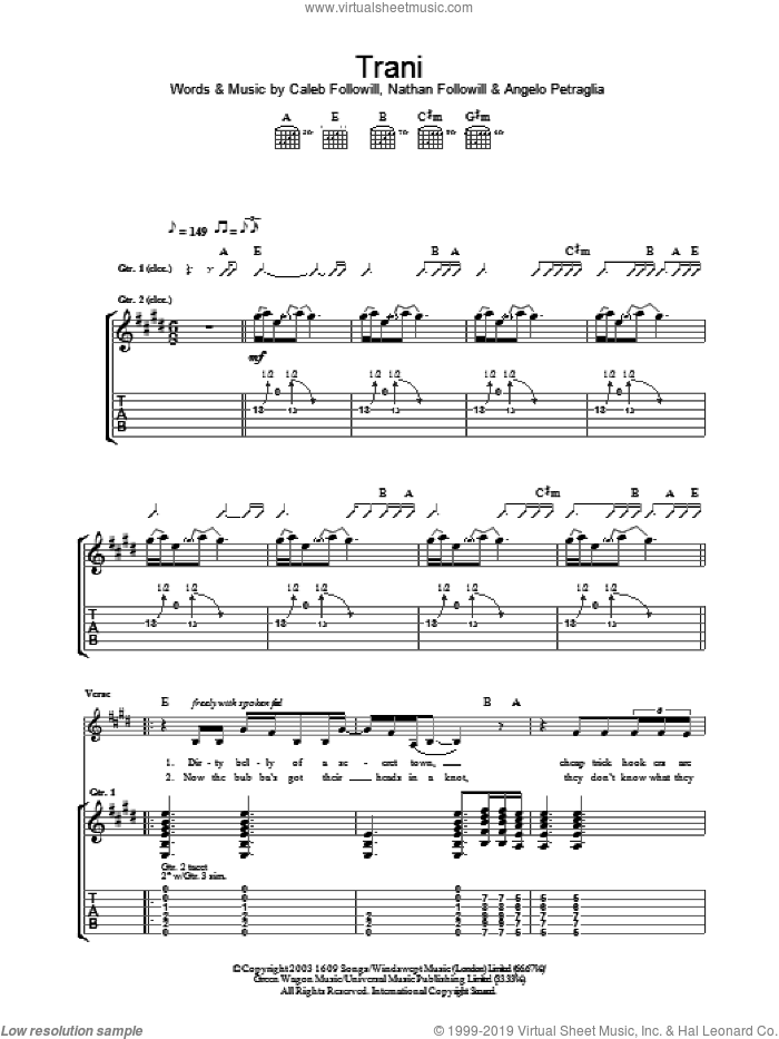 Trani sheet music for guitar (tablature) by Kings Of Leon, Angelo Petraglia, Caleb Followill and Nathan Followill, intermediate skill level