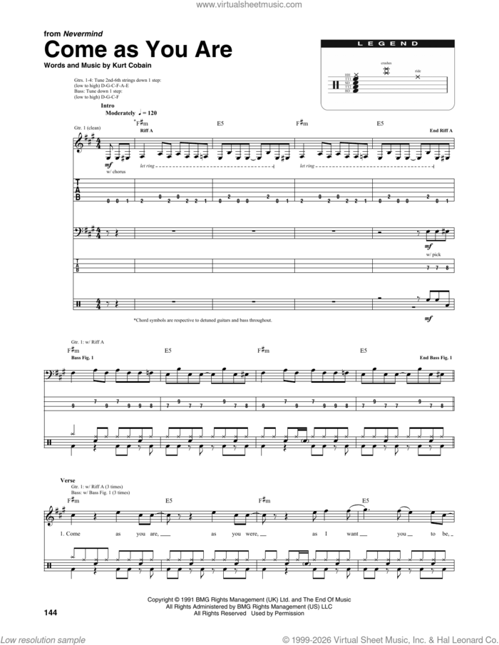 Come As You Are (from Nevermind) sheet music for chamber ensemble (Transcribed Score) by Nirvana and Kurt Cobain, intermediate skill level
