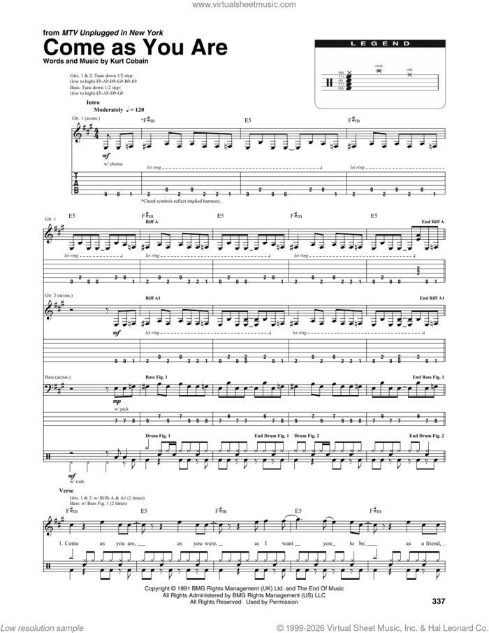 Come As You Are (from MTV Unplugged in New York) sheet music for chamber ensemble (Transcribed Score) by Nirvana and Kurt Cobain, intermediate skill level
