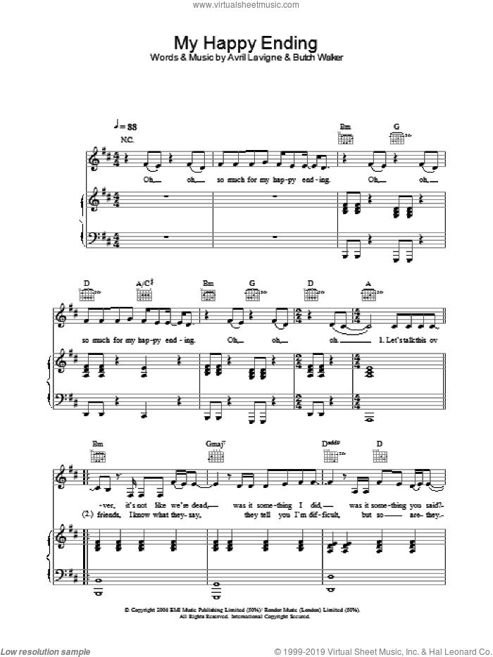 My Happy Ending sheet music for voice, piano or guitar by Avril Lavigne, intermediate skill level