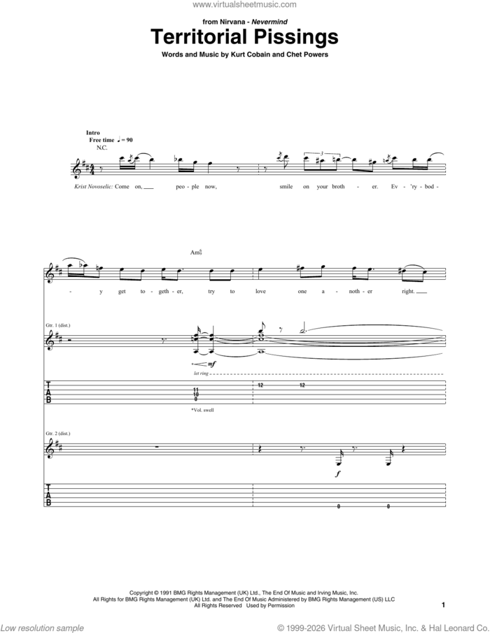 Territorial Pissings sheet music for guitar (tablature) by Nirvana, Chet Powers and Kurt Cobain, intermediate skill level