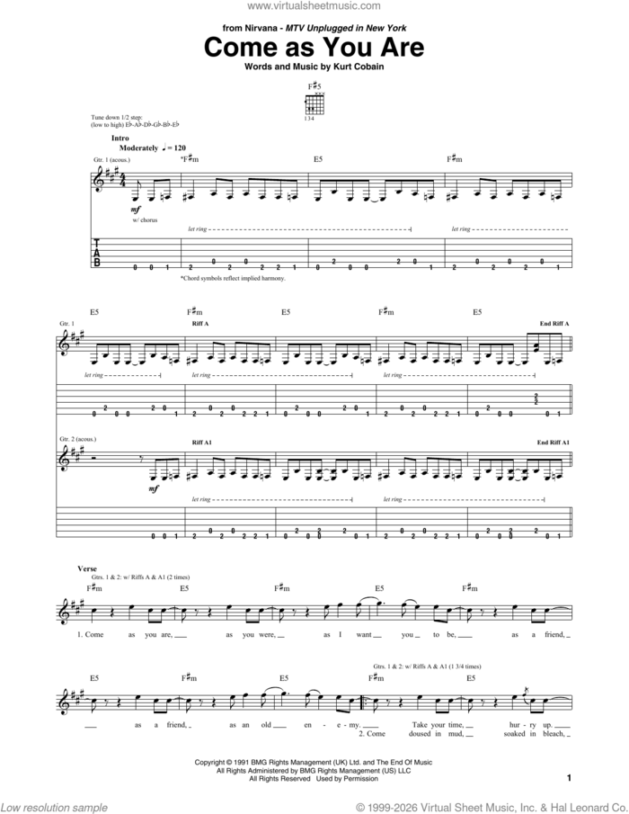 Come As You Are sheet music for guitar (tablature) by Nirvana and Kurt Cobain, intermediate skill level