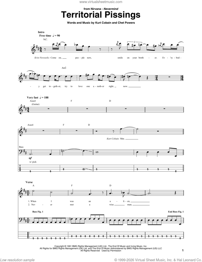 Territorial Pissings sheet music for bass (tablature) (bass guitar) by Nirvana, Chet Powers and Kurt Cobain, intermediate skill level