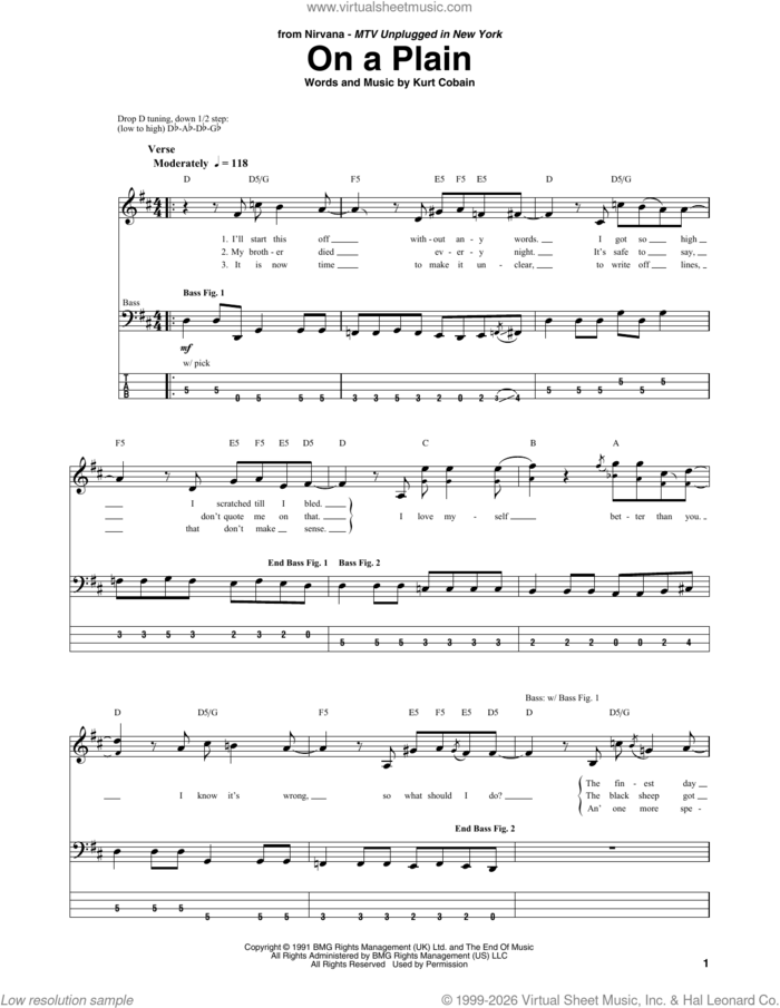 On A Plain sheet music for bass (tablature) (bass guitar) by Nirvana and Kurt Cobain, intermediate skill level