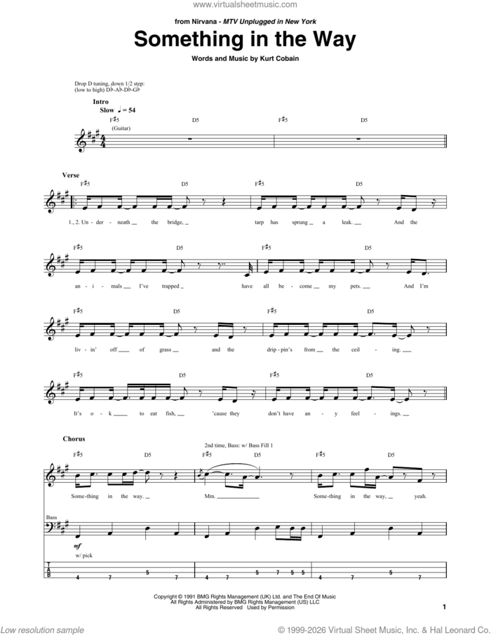 Something In The Way sheet music for bass (tablature) (bass guitar) by Nirvana and Kurt Cobain, intermediate skill level