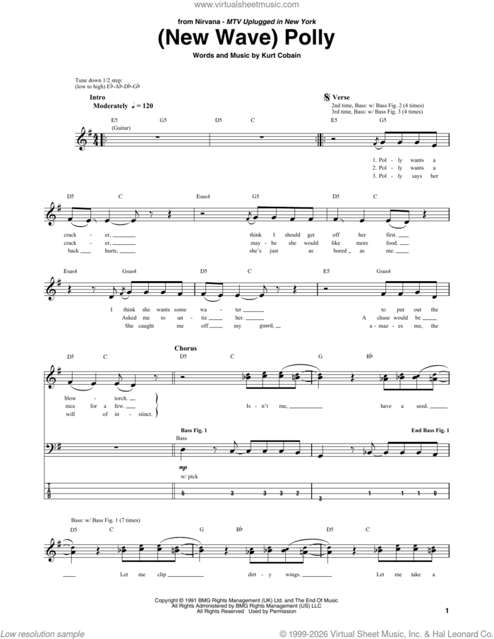 (New Wave) Polly sheet music for bass (tablature) (bass guitar) by Nirvana and Kurt Cobain, intermediate skill level