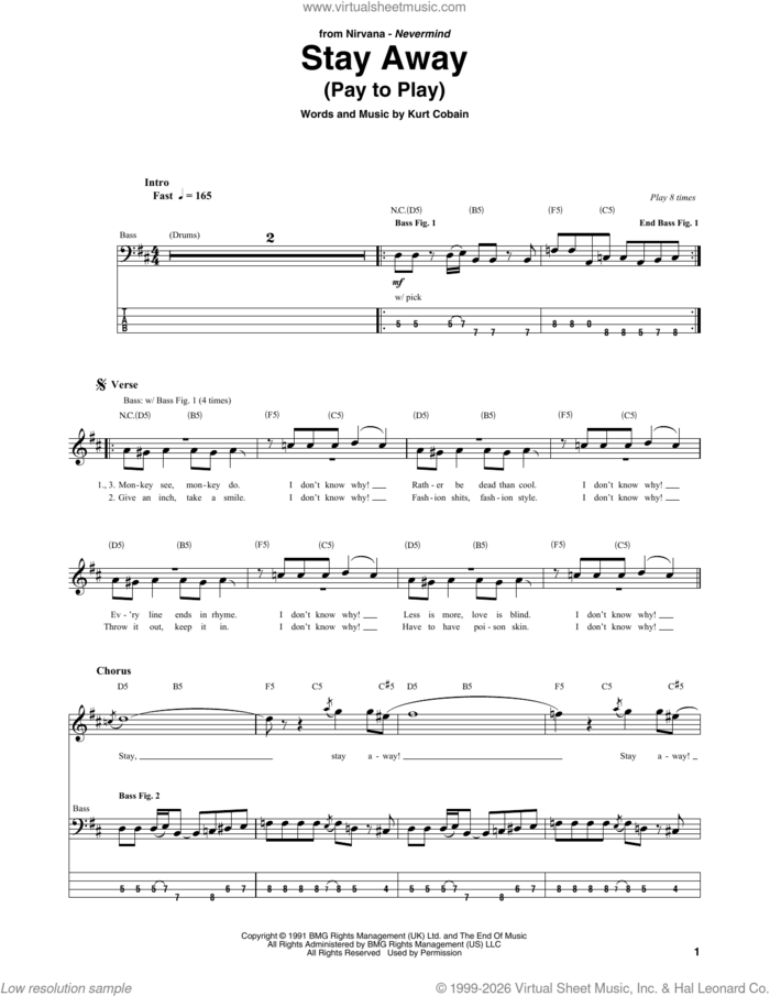 Stay Away sheet music for bass (tablature) (bass guitar) by Nirvana and Kurt Cobain, intermediate skill level