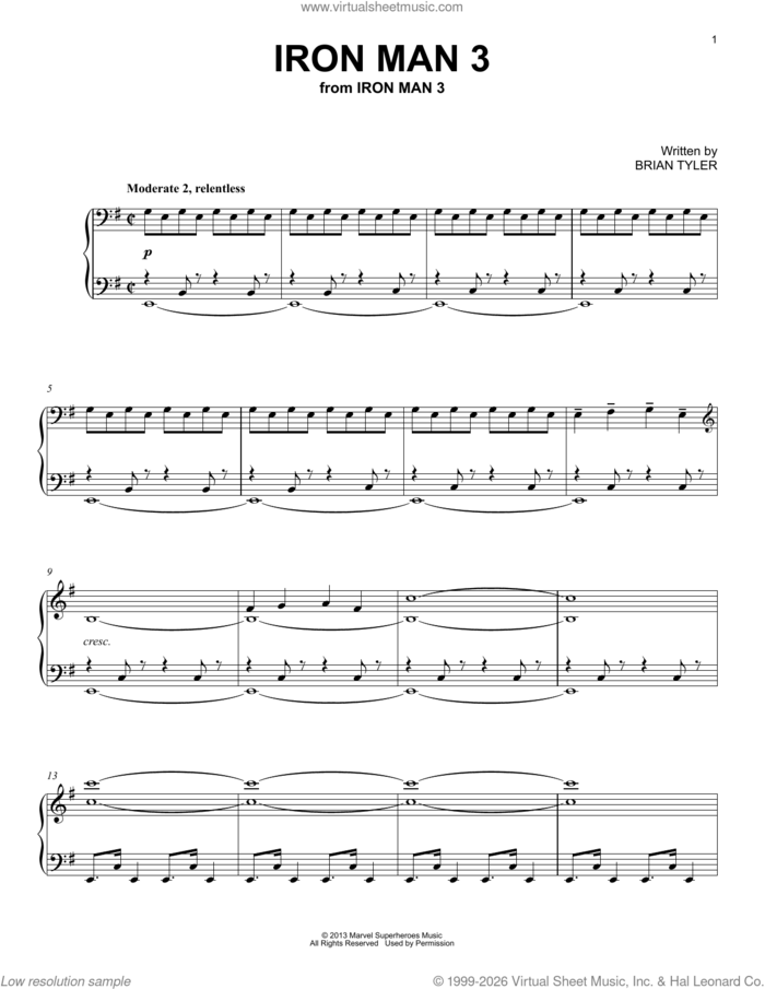 Iron Man 3 sheet music for piano solo by Brian Tyler, intermediate skill level