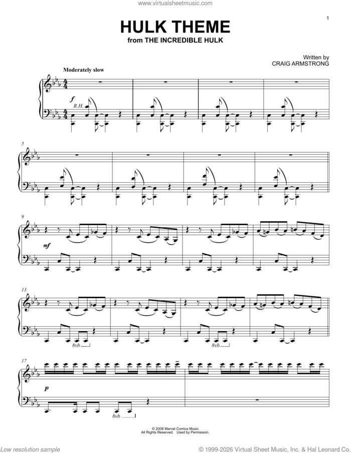 Hulk Theme (from The Incredible Hulk) sheet music for piano solo by Craig Armstrong, intermediate skill level