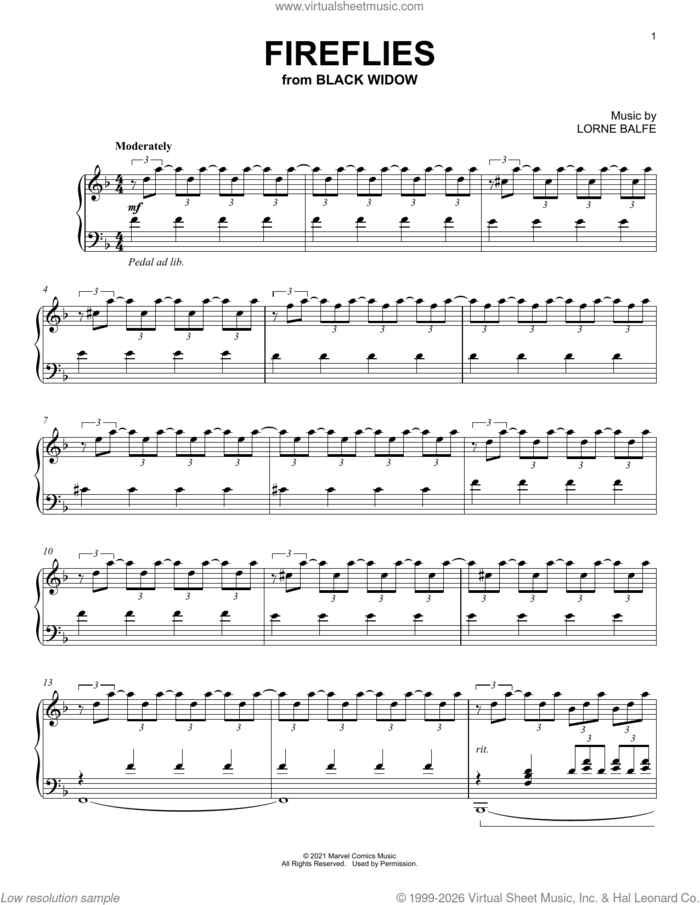 Fireflies (from Black Widow) sheet music for piano solo by Lorne Balfe, intermediate skill level