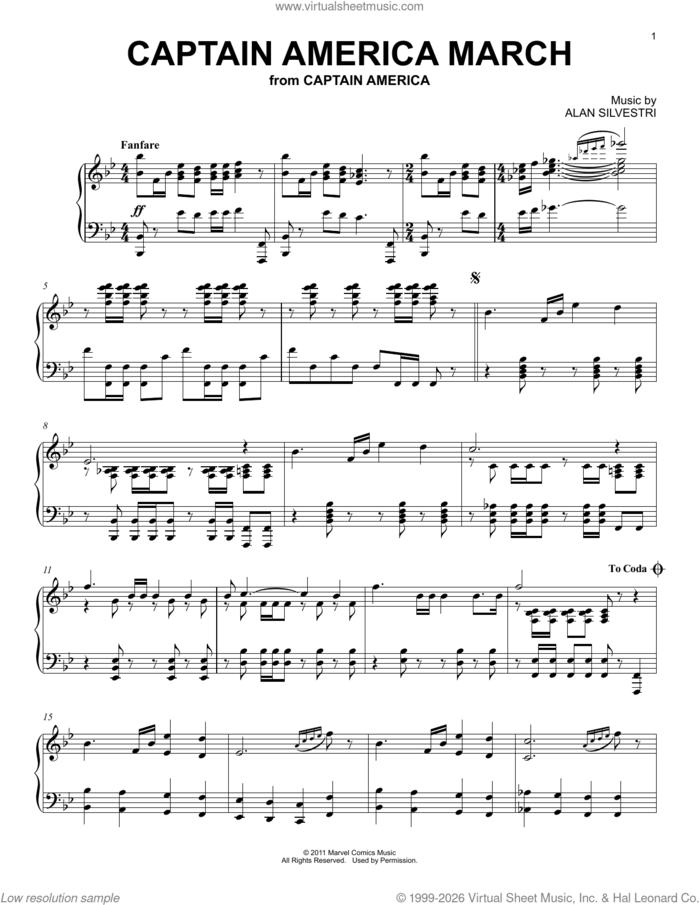 Captain America March (from Captain America: The First Avenger) sheet music for piano solo by Alan Silvestri, intermediate skill level