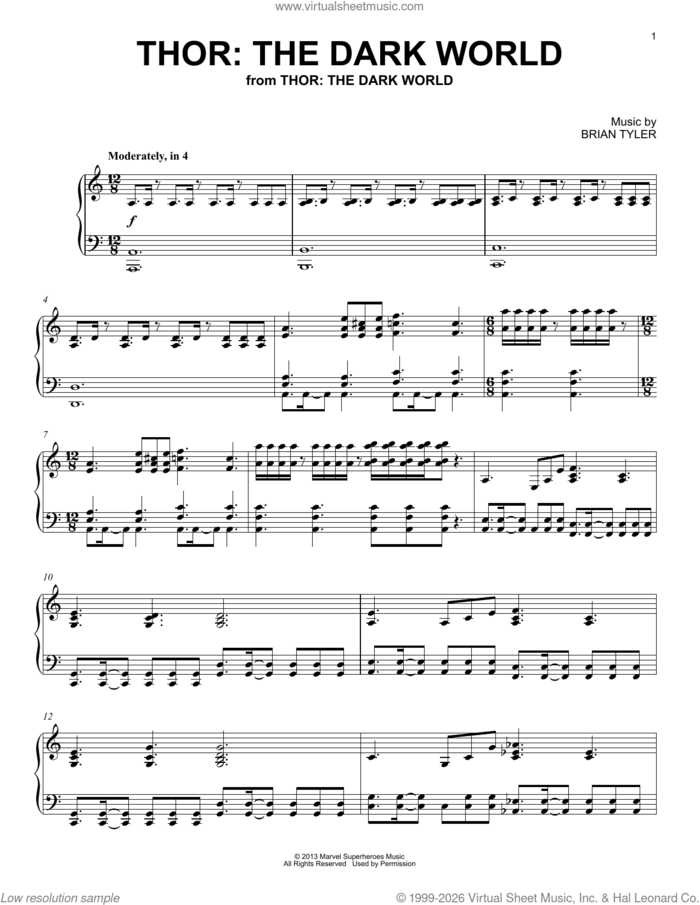 Thor: The Dark World sheet music for piano solo by Brian Tyler, intermediate skill level