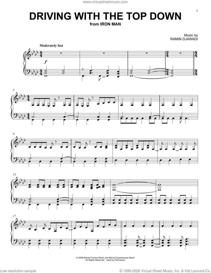 Driving With The Top Down (from Iron Man) sheet music for piano solo by Ryeland Allison, Hans Zimmer and Ramin Djawadi, intermediate skill level