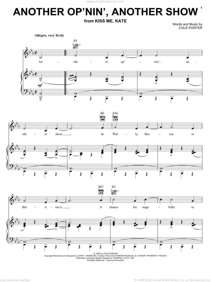 Another Op'nin', Another Show (from Kiss Me, Kate) sheet music for voice, piano or guitar by Cole Porter and Kiss Me, Kate (Musical), intermediate skill level