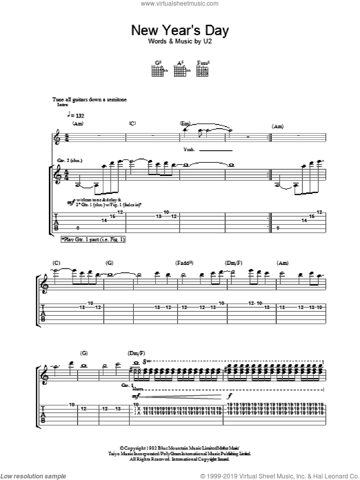 New Year's Day sheet music for guitar (tablature) by U2, intermediate skill level