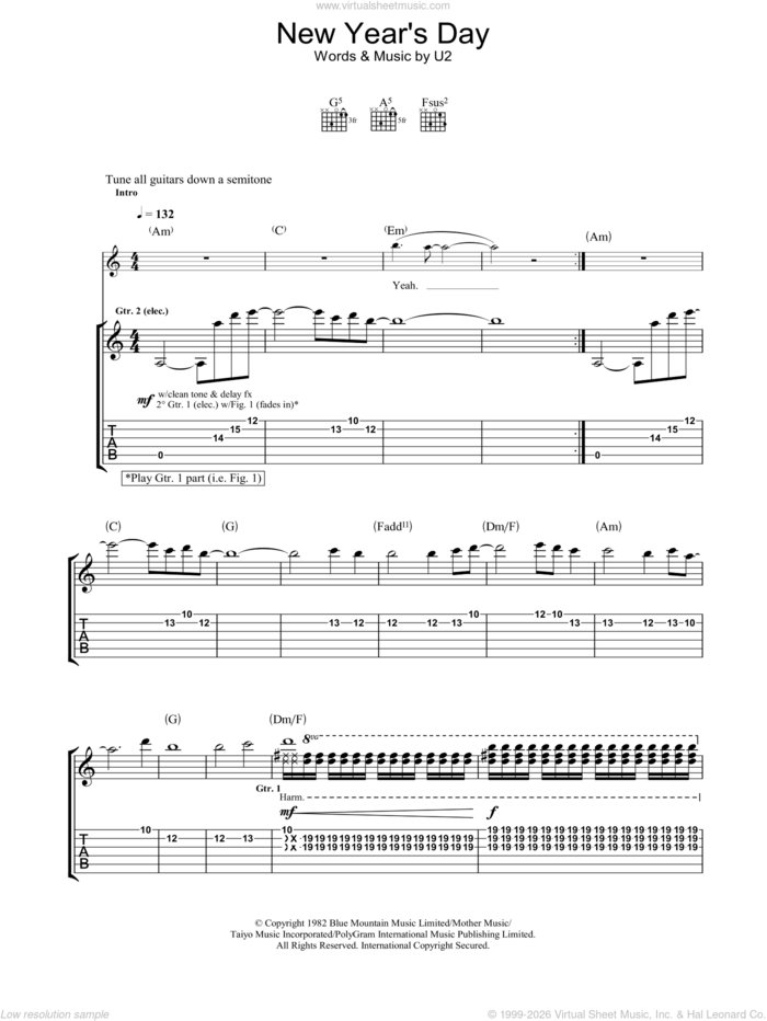 New Year's Day sheet music for guitar (tablature) by U2, intermediate skill level