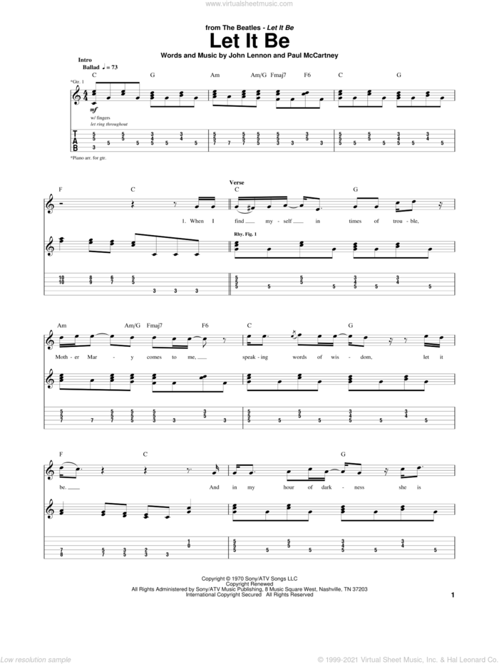 Let It Be sheet music for guitar (tablature) by The Beatles, John Lennon and Paul McCartney, intermediate skill level