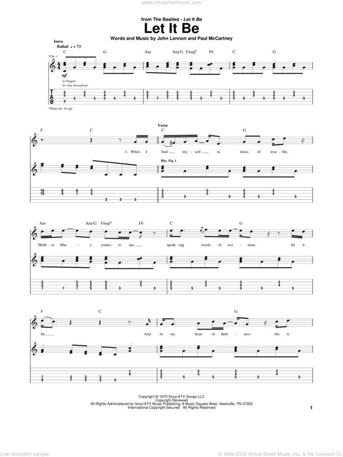 Let It Be sheet music for guitar (tablature) by The Beatles, John Lennon and Paul McCartney, intermediate skill level