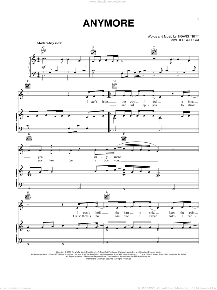 Anymore sheet music for voice, piano or guitar by Travis Tritt and Jill Colucci, intermediate skill level