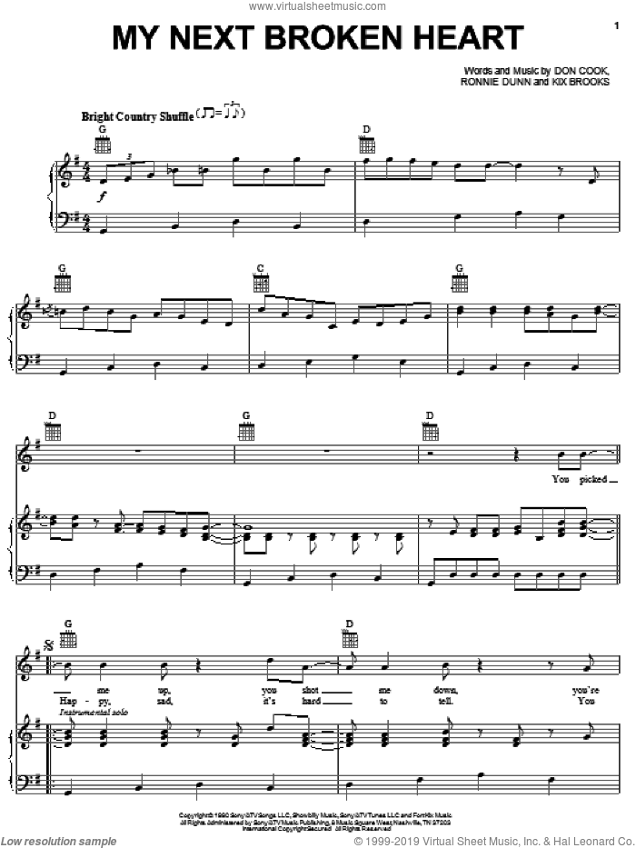 My Next Broken Heart sheet music for voice, piano or guitar by Brooks & Dunn, Don Cook, Kix Brooks and Ronnie Dunn, intermediate skill level