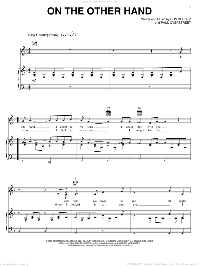 On The Other Hand sheet music for voice, piano or guitar by Randy Travis, Don Schlitz and Paul Overstreet, intermediate skill level
