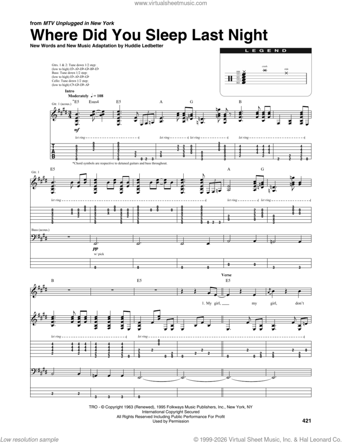 Where Did You Sleep Last Night sheet music for chamber ensemble (Transcribed Score) by Nirvana and Huddie Ledbetter, intermediate skill level