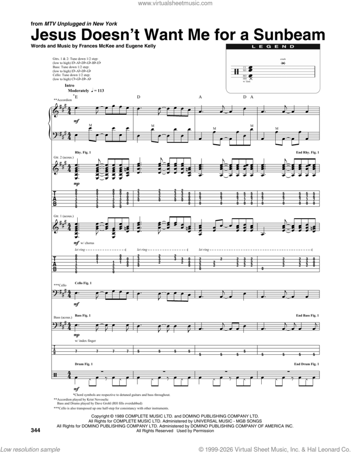 Jesus Doesn't Want Me For A Sunbeam sheet music for chamber ensemble (Transcribed Score) by Nirvana, Eugene Kelly and Frances McKee, intermediate skill level