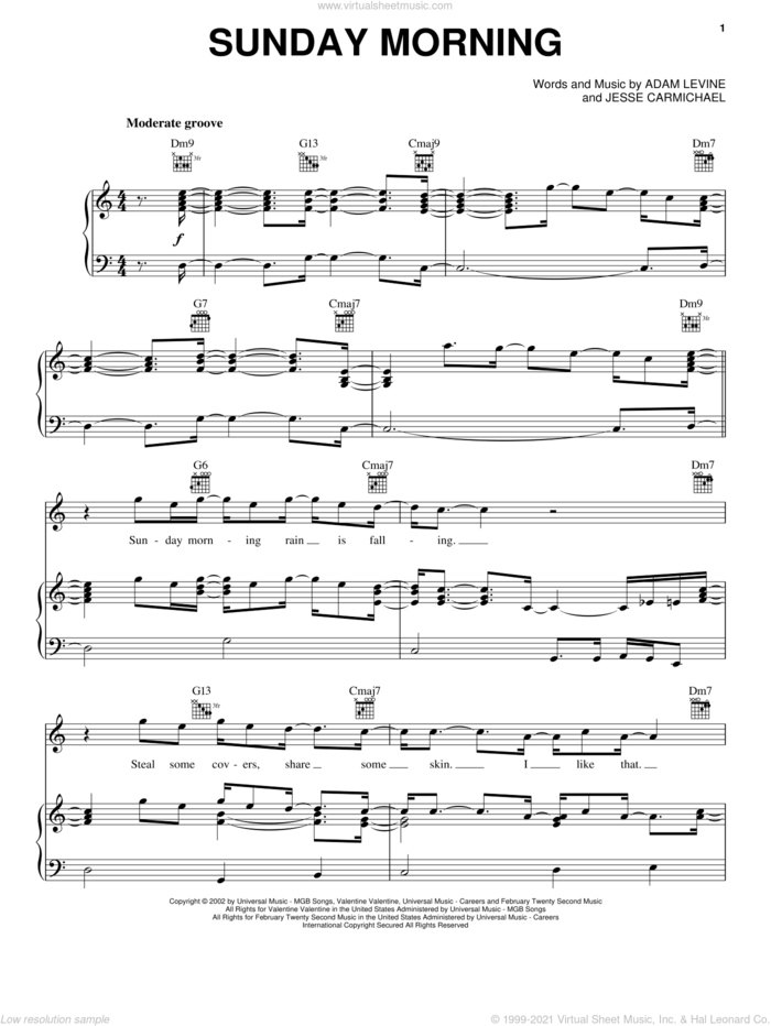 Sunday Morning sheet music for voice, piano or guitar by Maroon 5, Adam Levine and Jesse Carmichael, intermediate skill level