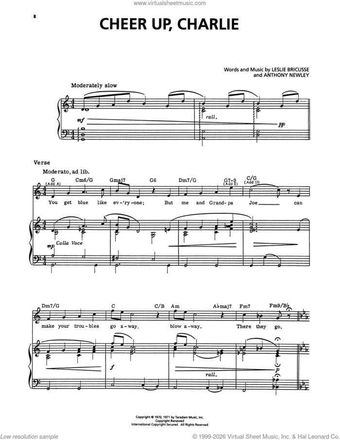 Cheer Up, Charlie (from Willy Wonka) sheet music for voice, piano or guitar by Anthony Newley and Leslie Bricusse, intermediate skill level